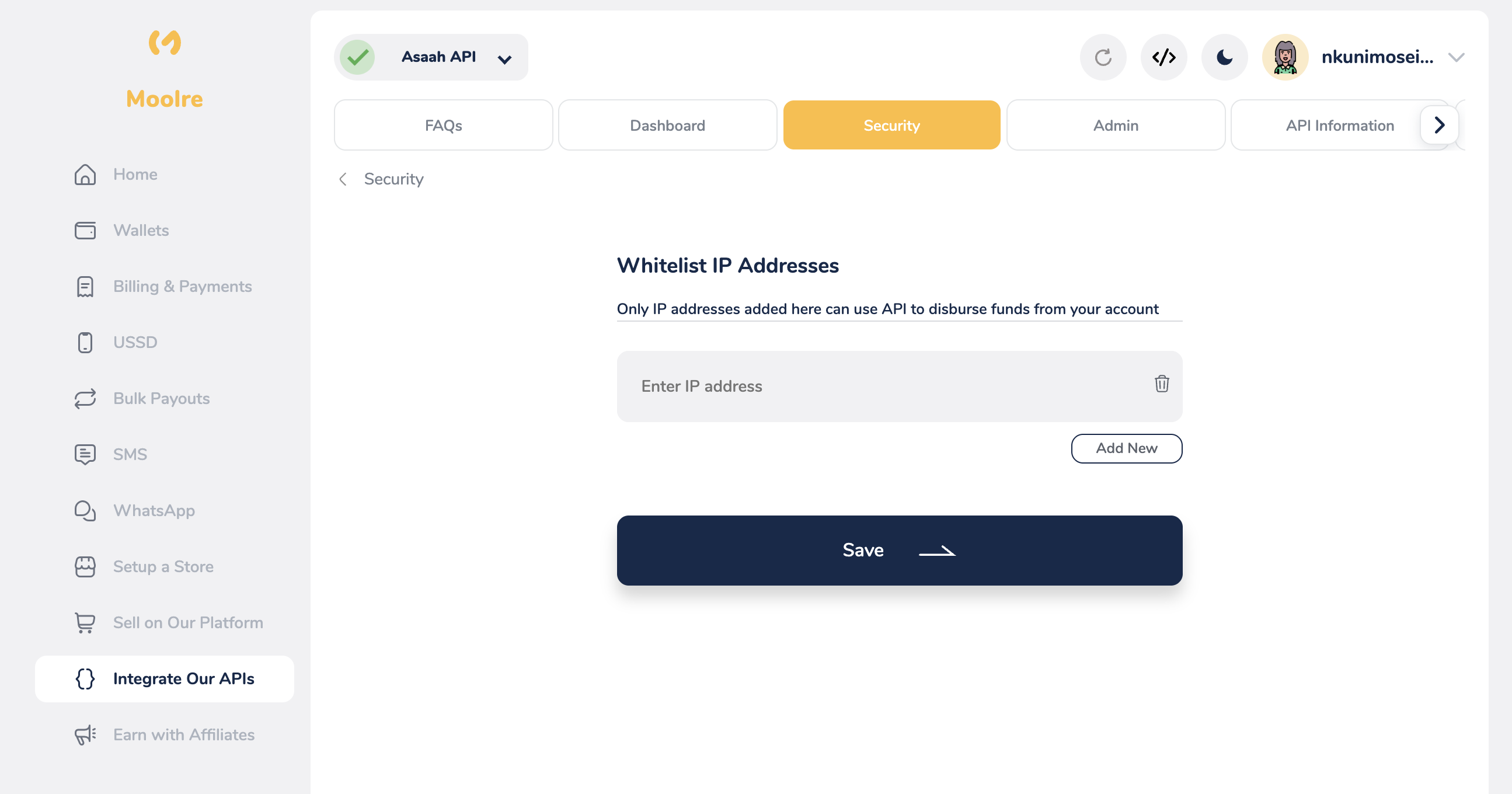 Enter your server's public IP address. Use Add New for additional servers, then Save to apply the whitelist.
