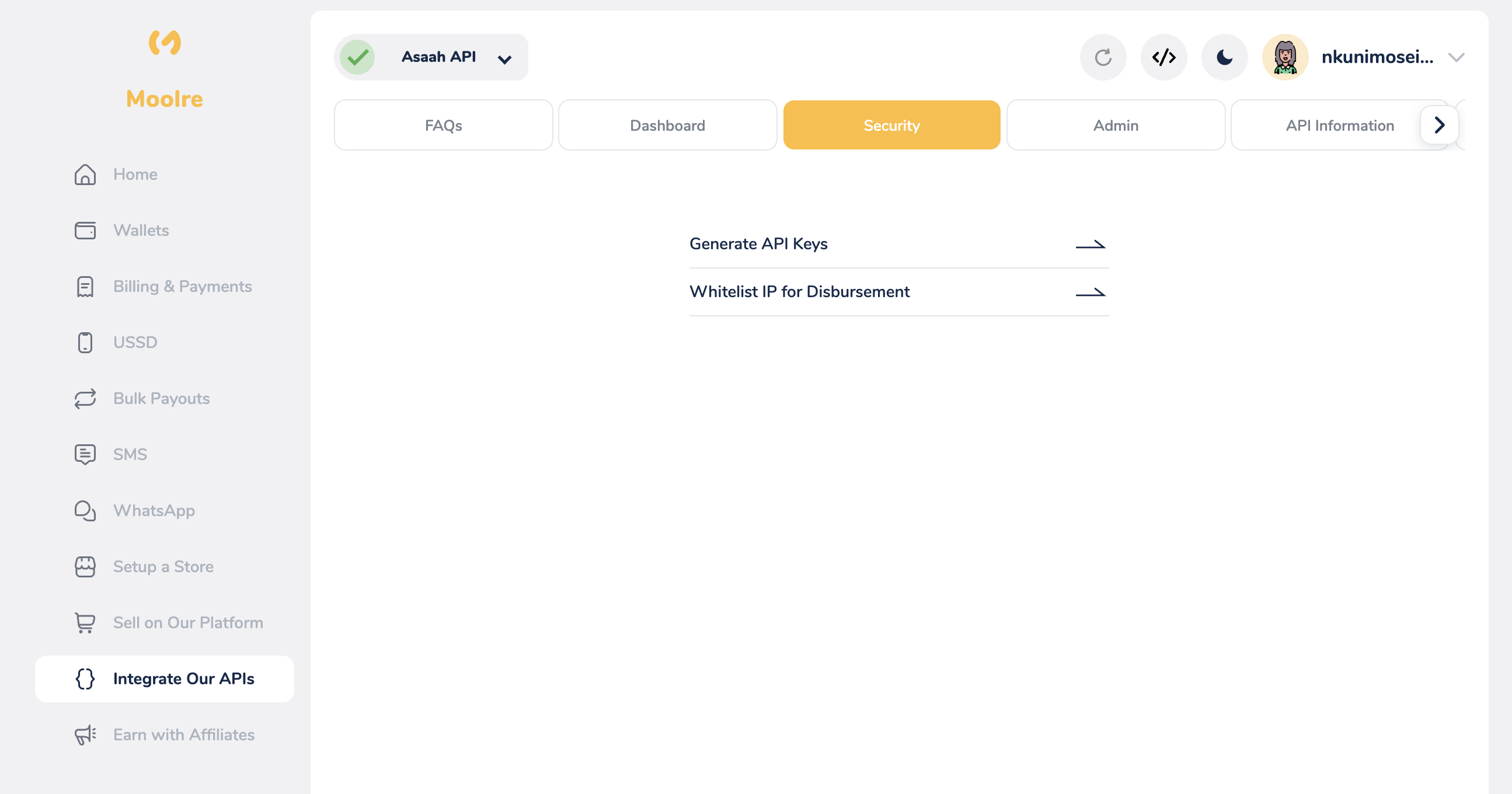 In the selected API Service, open Security and choose Whitelist IP for Disbursement.